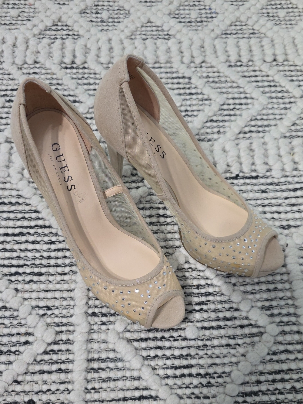 GUESS Nude Beaded Peep-Toe Heels